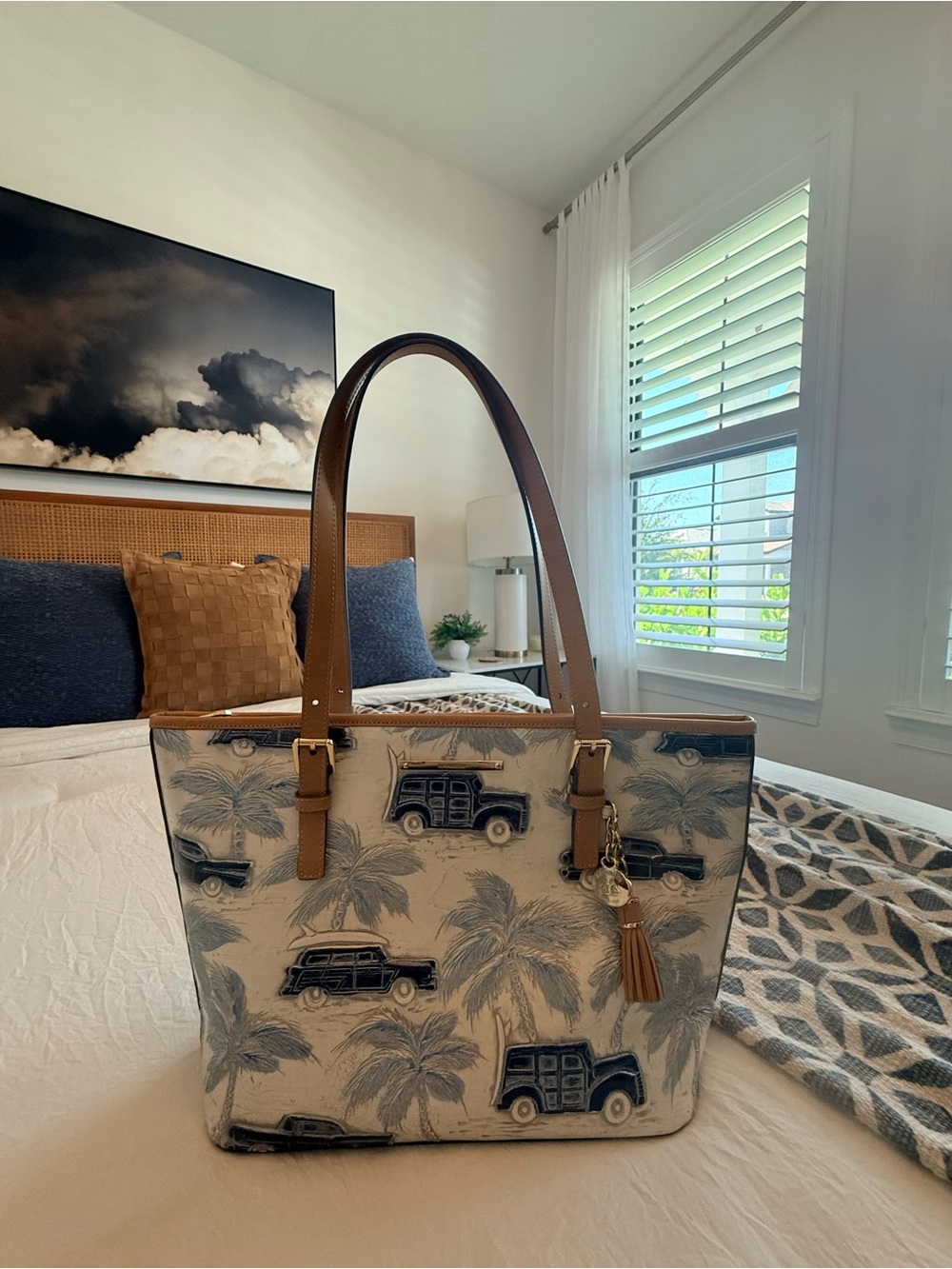 Brahmin Copa Cabana Cream & Blue Palm Print Tote with Brown Handles